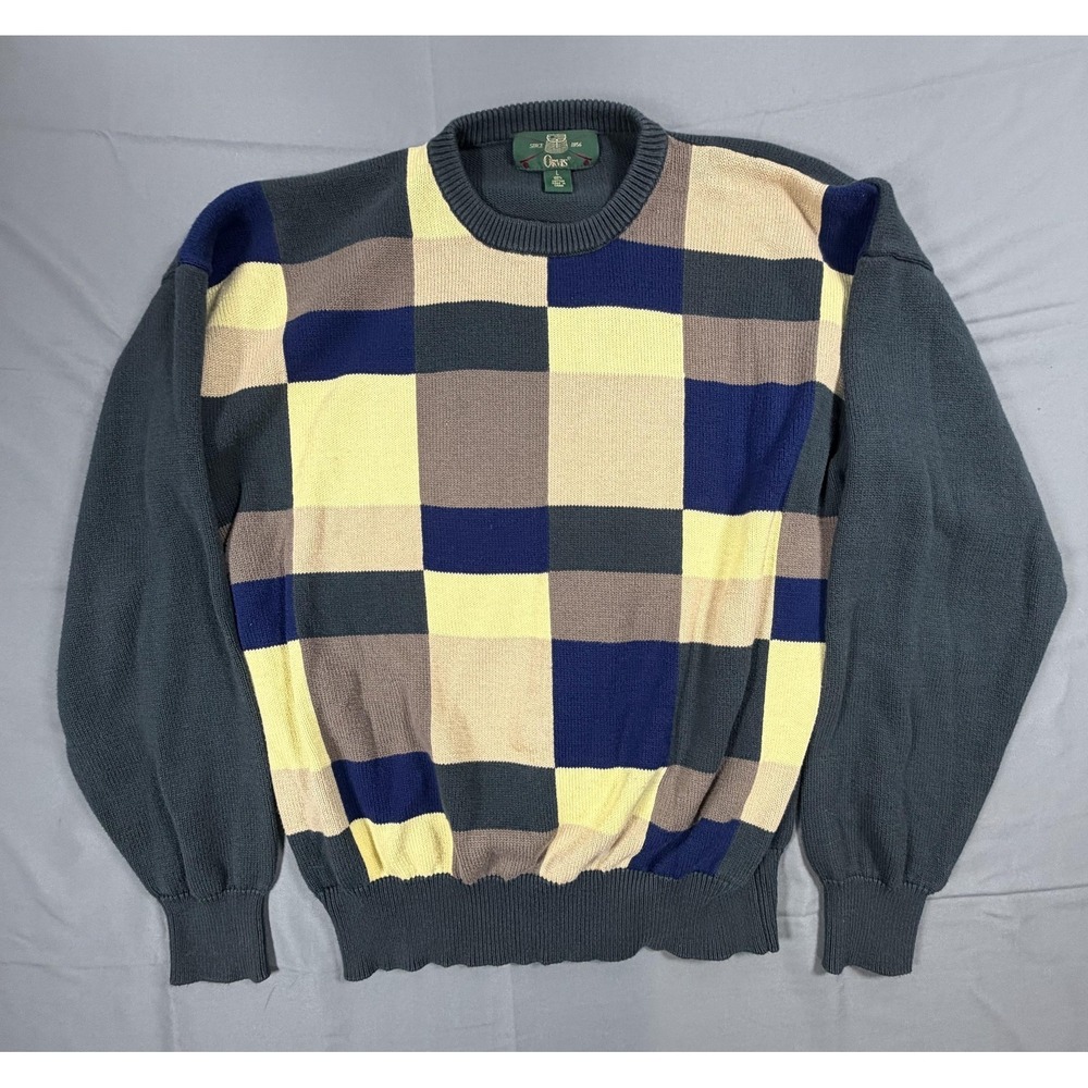 Orvis Sweater Mens Large Multicolor Check Gray Cotton Crewneck Knit Pullover